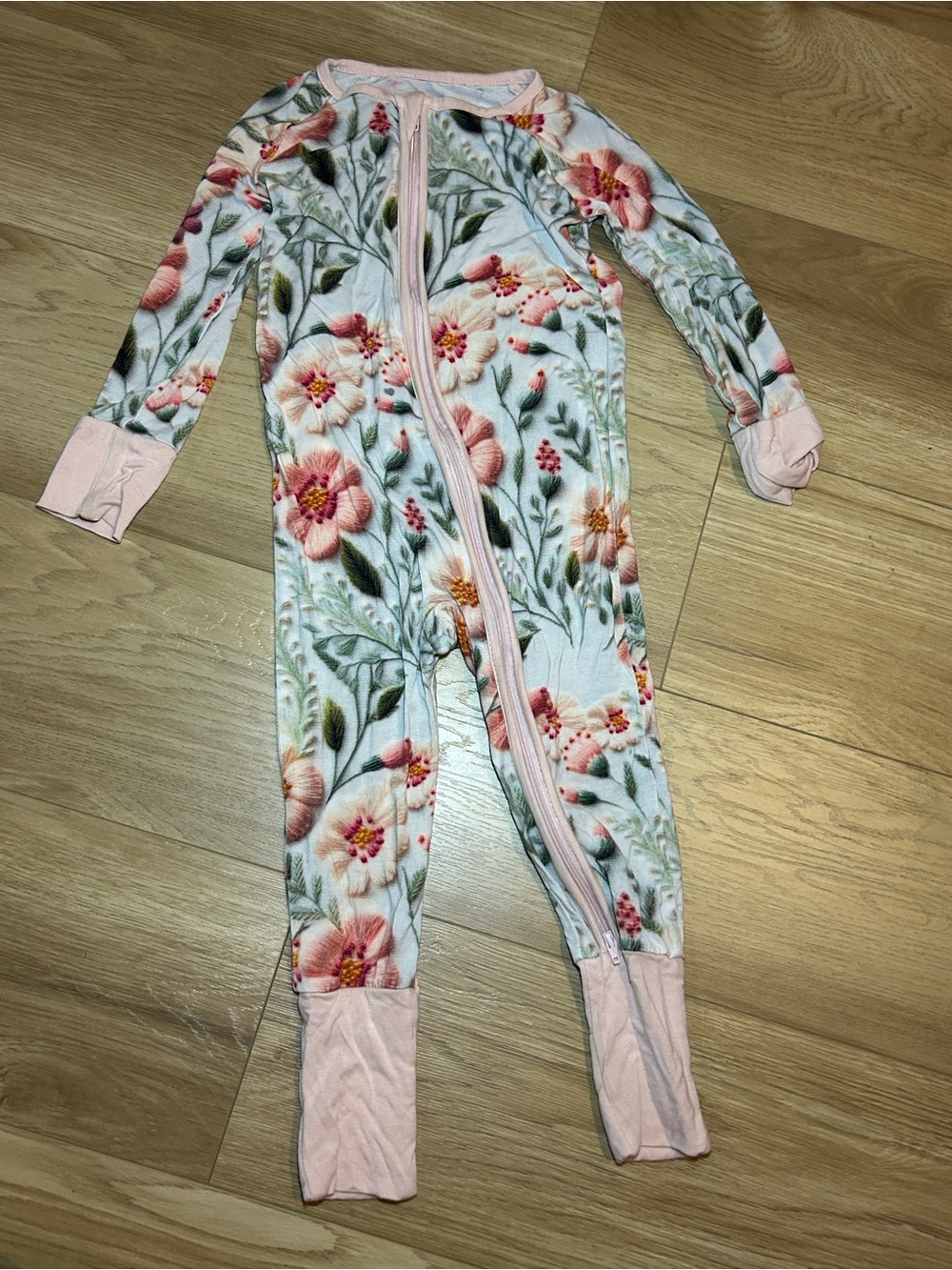 Girls Floral Zip-Front Pajama Bodysuit in Pink and Green